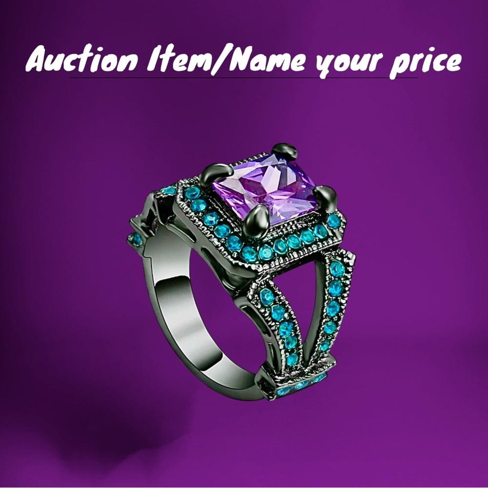 💝Oversized Purple Amethyst accented blue AAA Black Gold Rhodium Ring
